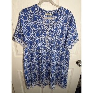 Dolma Raya Block Printed Blue Floral Sleeve Midi Dress Boho Sz XL 100% Cotton